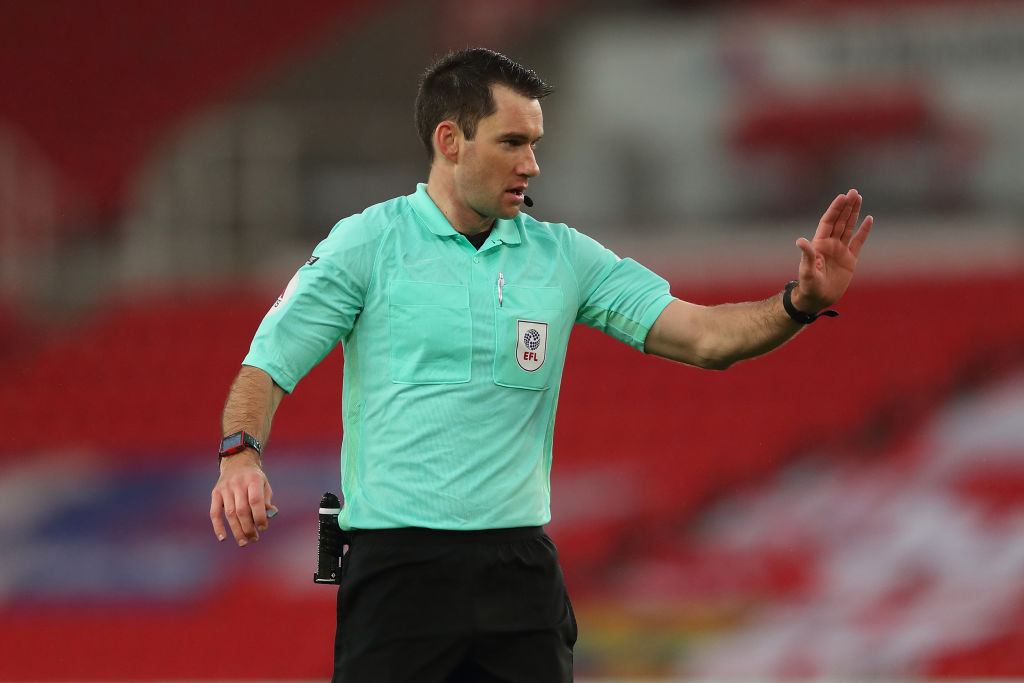  Match referee Jarred Gillett during the Sky Bet Championship match between Stoke City and Huddersfield Town at Bet365 Stadium on November 21, 2020