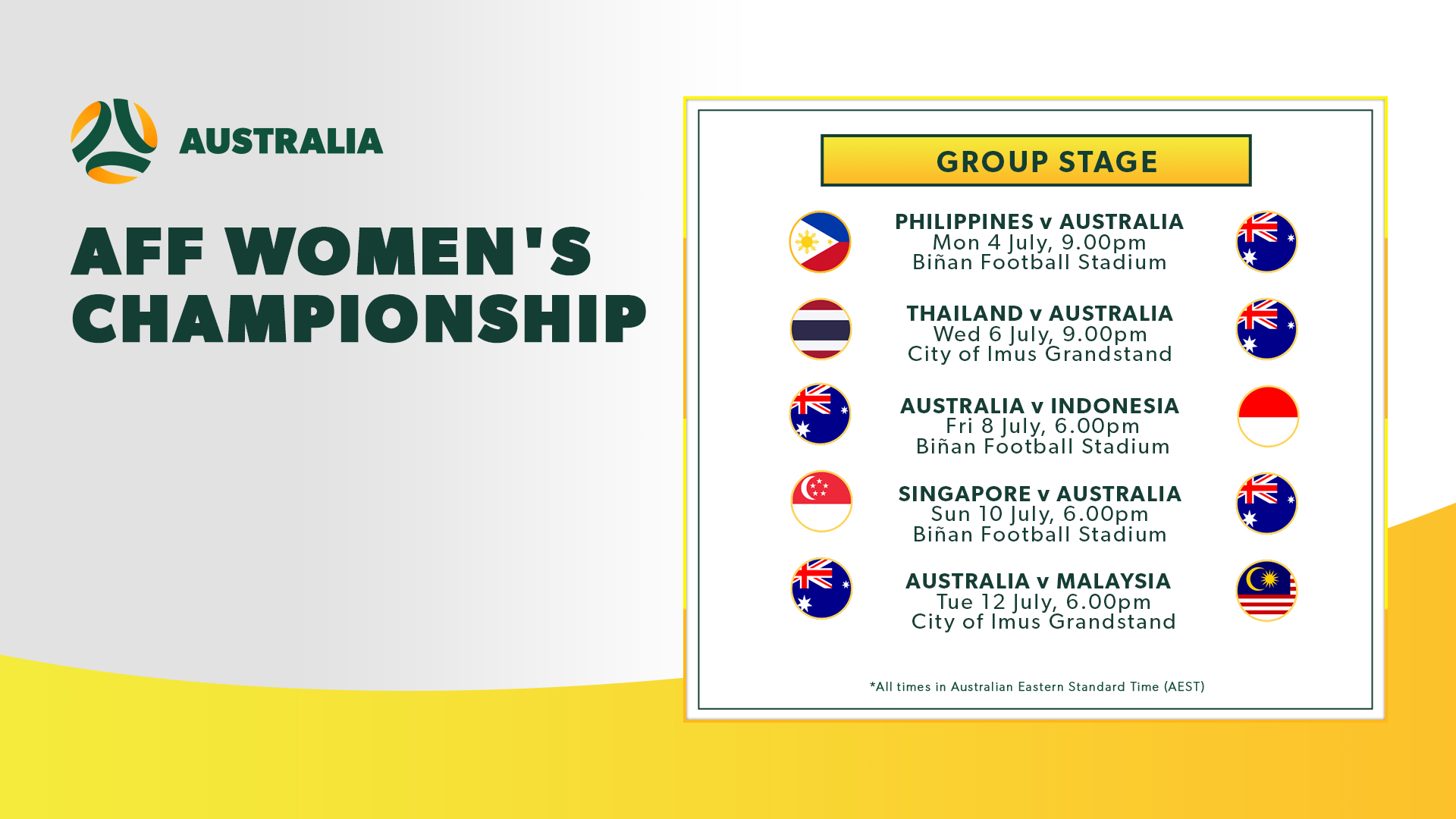 Australia’s Full Schedule Confirmed For 2022 AFF Women’s Championships Australia’s Full Schedule Confirmed For 2022 AFF Women’s Championships