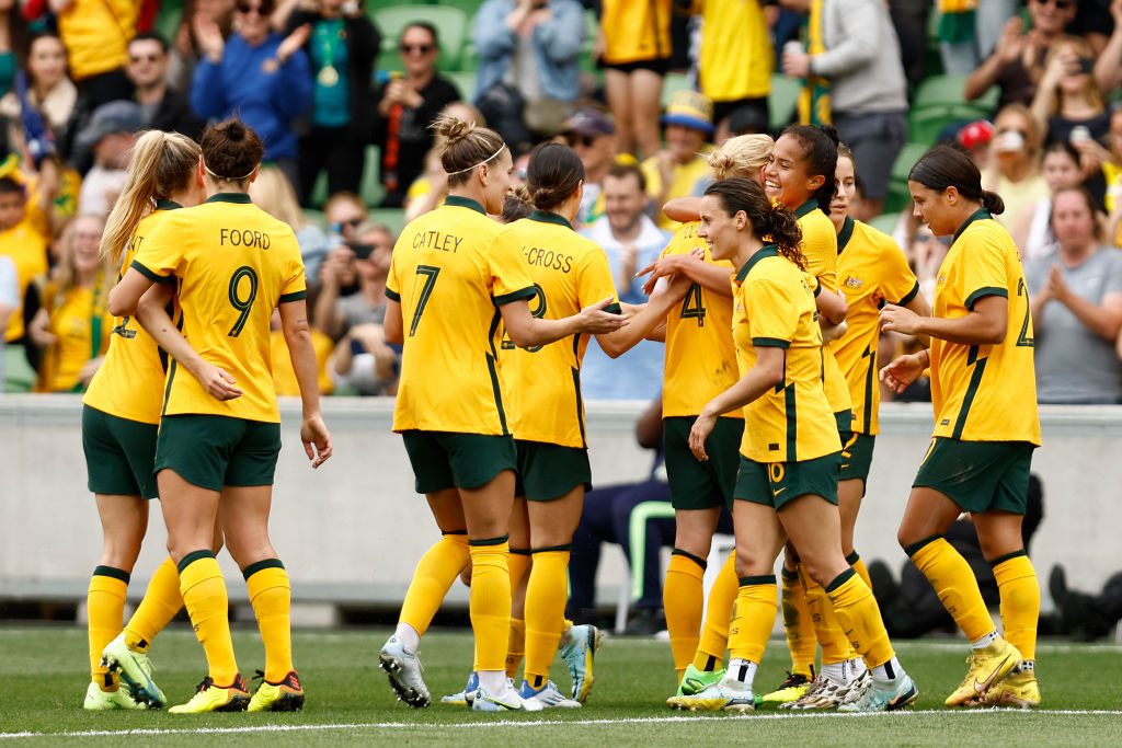 Mary Fowler of the Matildas celebrates a goal during the International friendly match between the Australia Matildas and Sweden at AAMI Park on November 12, 2022 in Melbourne, Australia. (Photo by Darrian Traynor/Getty Images) Mary Fowler of the Matildas celebrates a goal during the International friendly match between the Australia Matildas and Sweden at AAMI Park on November 12, 2022 in Melbourne, Australia. (Photo by Darrian Traynor/Getty Images)
