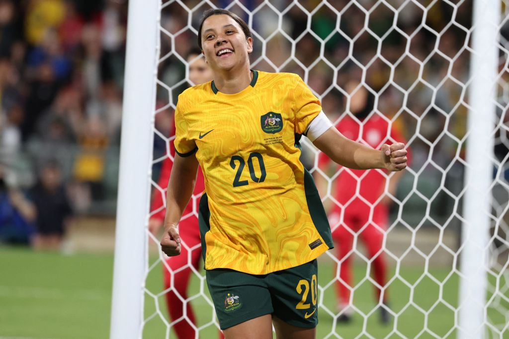 Australia's Sam Kerr celebrates her goal during the Asian qualifying round women's football match between Australia and Iran for the Paris 2024 Olympic Games, at the Perth Rectangular Stadium in Perth on October 26, 2023. (Photo by COLIN MURTY / AFP)