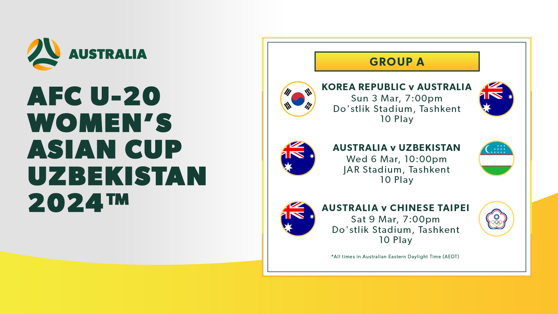 The CommBank Young Matildas Group Fixtures for the AFC U-20 Women's Asian Cup Uzbekistan 2024