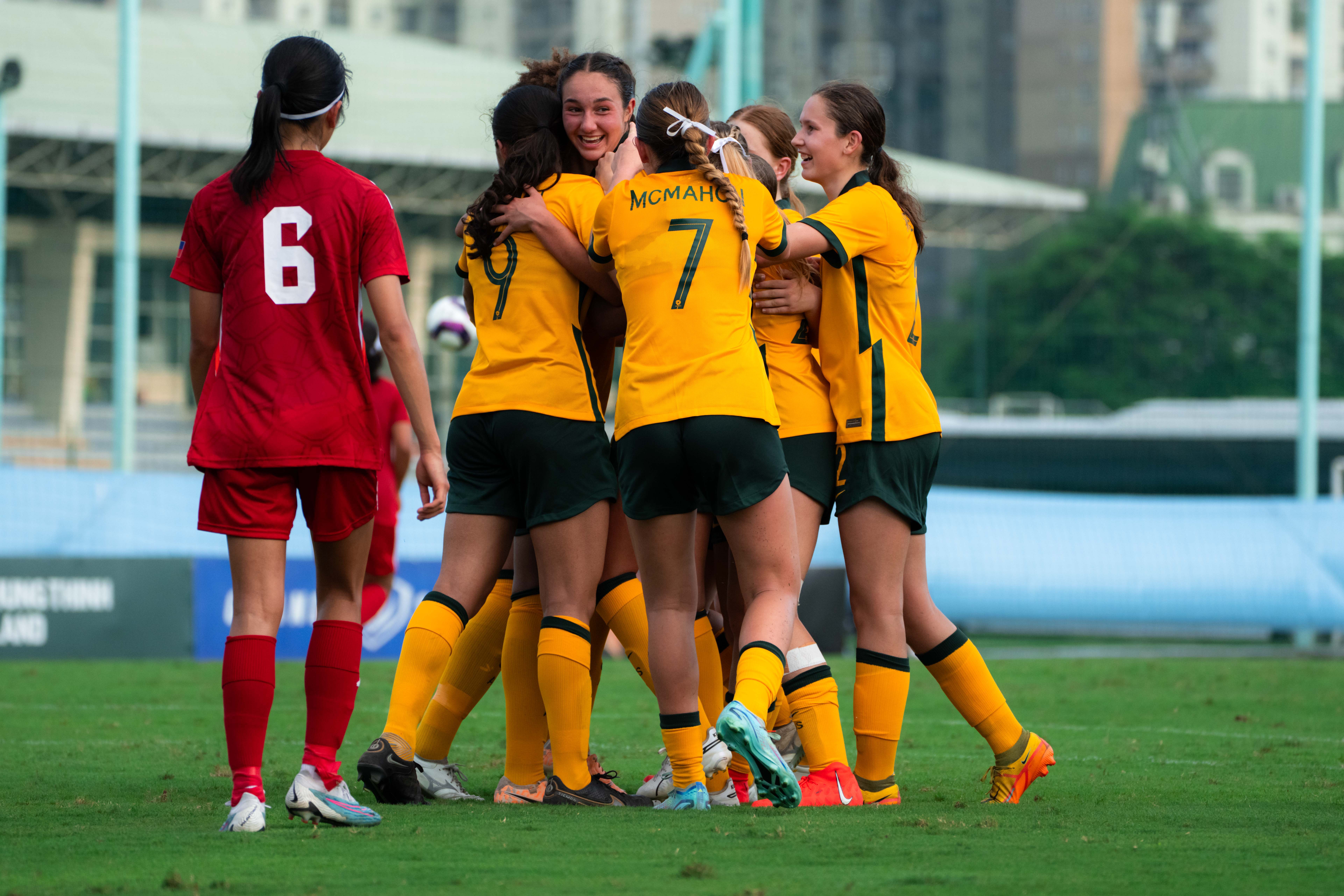 The CommBank Junior Matildas celebrating a goal against the Philippines during Round 2 of qualifying. (Photo: Ann Odong/Football Australia)