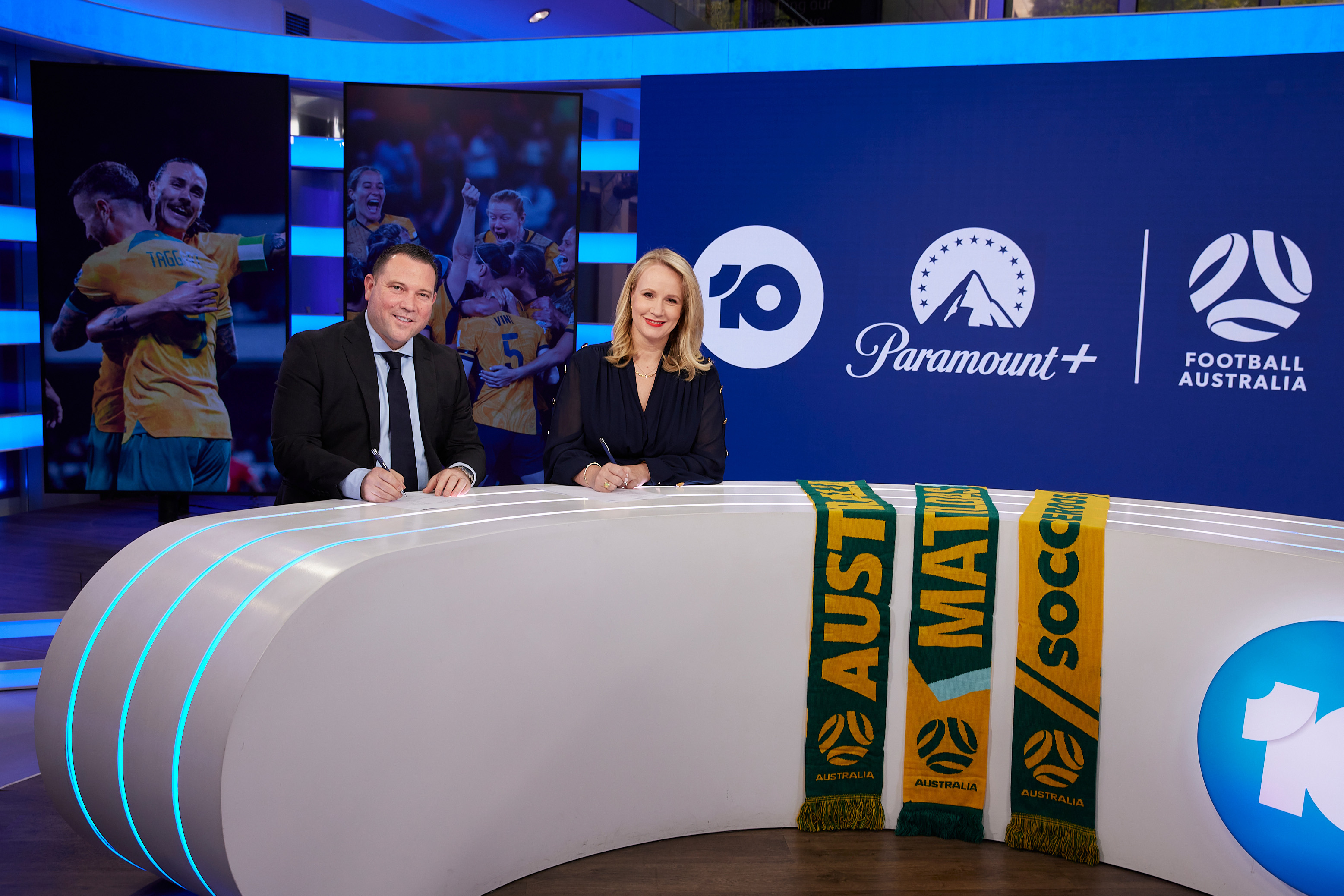 Football Australia CEO James Johnson and Beverley McGarvey, President of Network 10 and Paramount Australia’s Head of Streaming and Regional Lead.