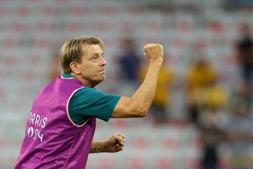  Tony Gustavsson, Head Coach of Team Australia celebrates after the Women's group B match between Australia and Zambia during the Olympic Games Paris 2024 at Stade de Nice on July 28, 2024 in Nice, France. (Photo by Marc Atkins/Getty Images)