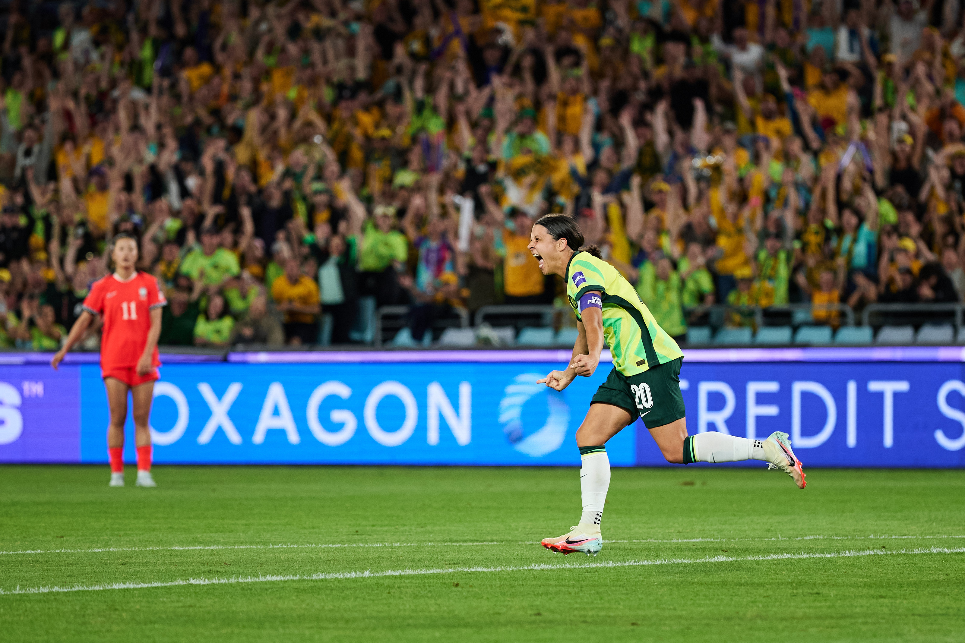 Sam Kerr celebrates her goal during Australia's game against Korea Republic during the AFC Women’s Asian Cup Australia 2026™ at Stadium Australia, Sydney. (Photo: Rachel Bach/By The White Line)