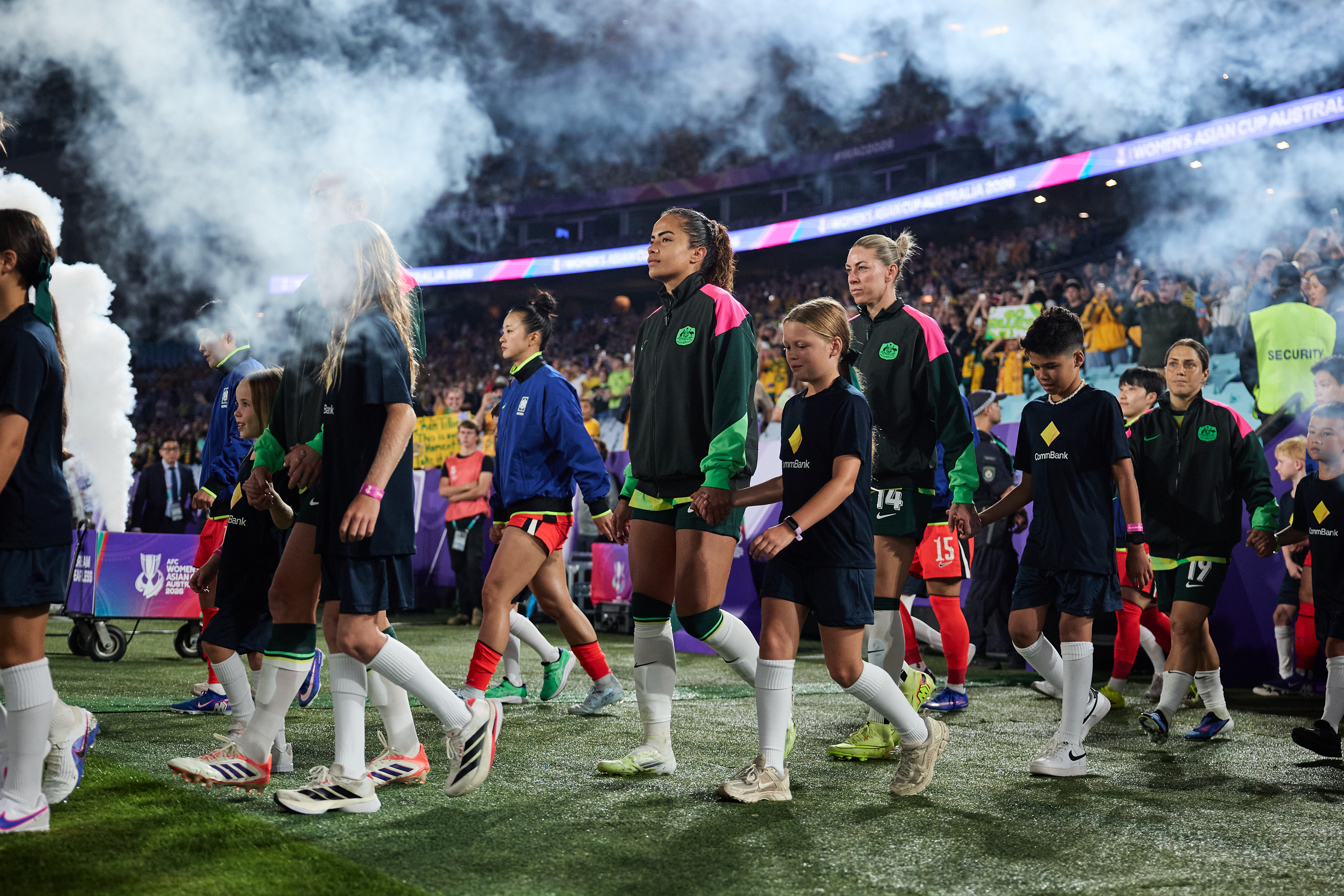 Mary Fowler walks out onto the pitch during Australia's game against Korea Republic during the AFC Women’s Asian Cup Australia 2026™ at Stadium Australia, Sydney. (Photo: Rachel Bach/By The White Line)