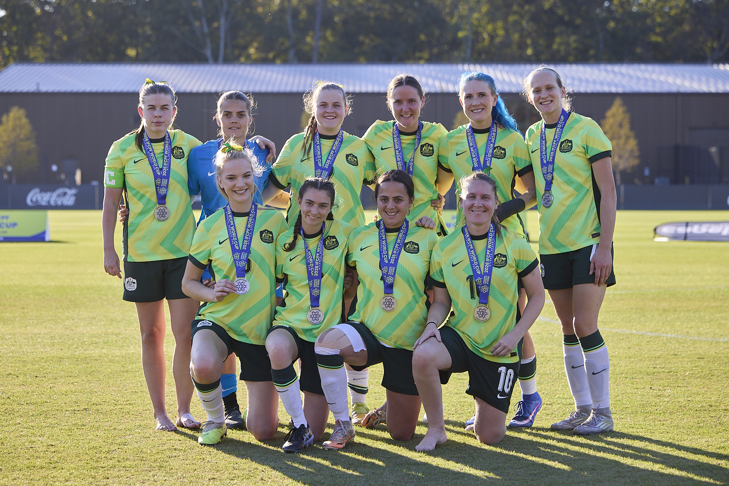 The CommBank ParaMatildas pose with their silver medals at the 2026 IFCPF Women's World Cup. (Photo: Bee Trofort-Wilson/Football Australia)