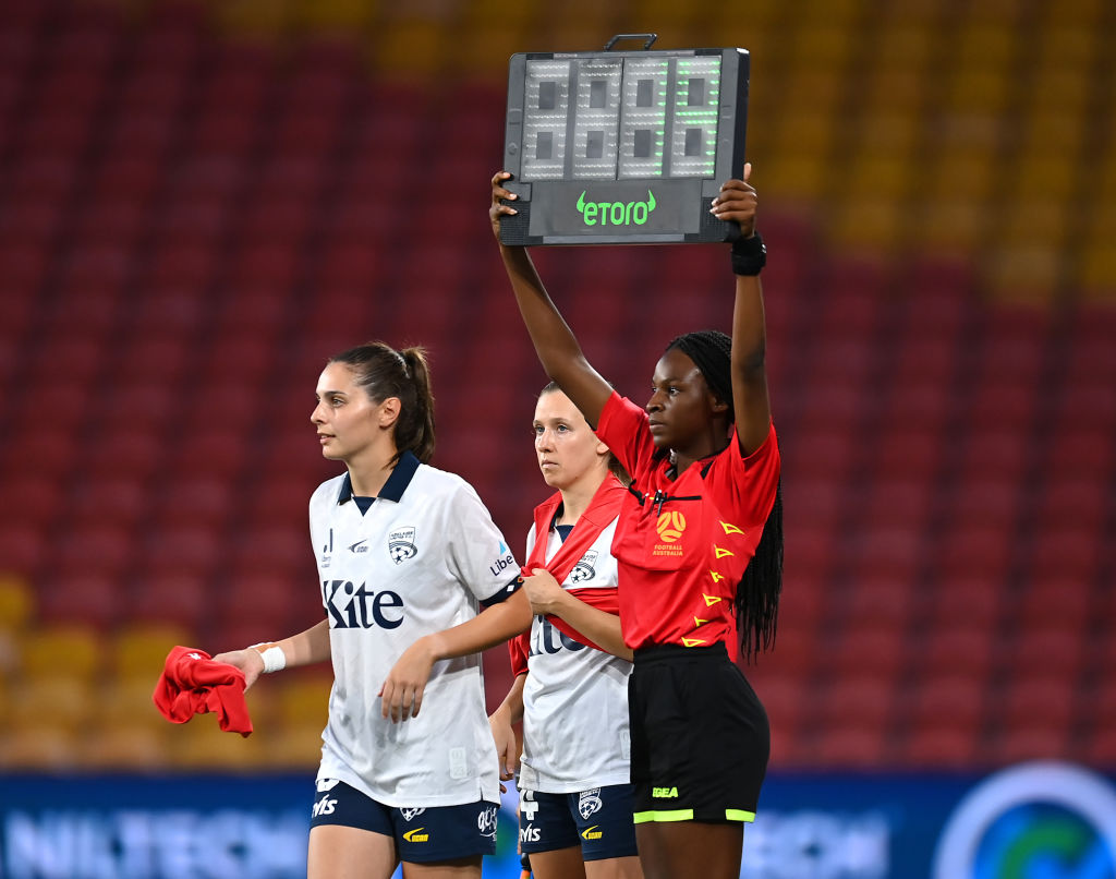 BRISBANE, AUSTRALIA - NOVEMBER 26: Fourth official Page Malau-Aduli is seen during the A-League Women round six match between Brisbane Roar and Adelaide United at Suncorp Stadium, on November 26, 2023, in Brisbane, Australia. (Photo by Albert Perez/Getty Image
