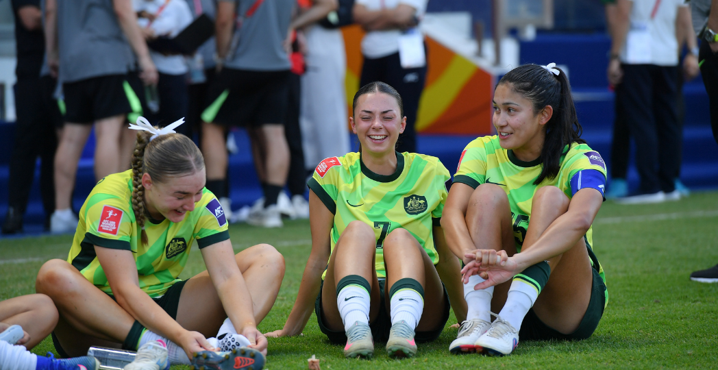 Tegan Bertolissio, India Breier and Alexia Apostolakis after the AFC U-20 WOmen's Asian Cup 2026 quarter-final (Photo: AFC/Vachira Kalong)