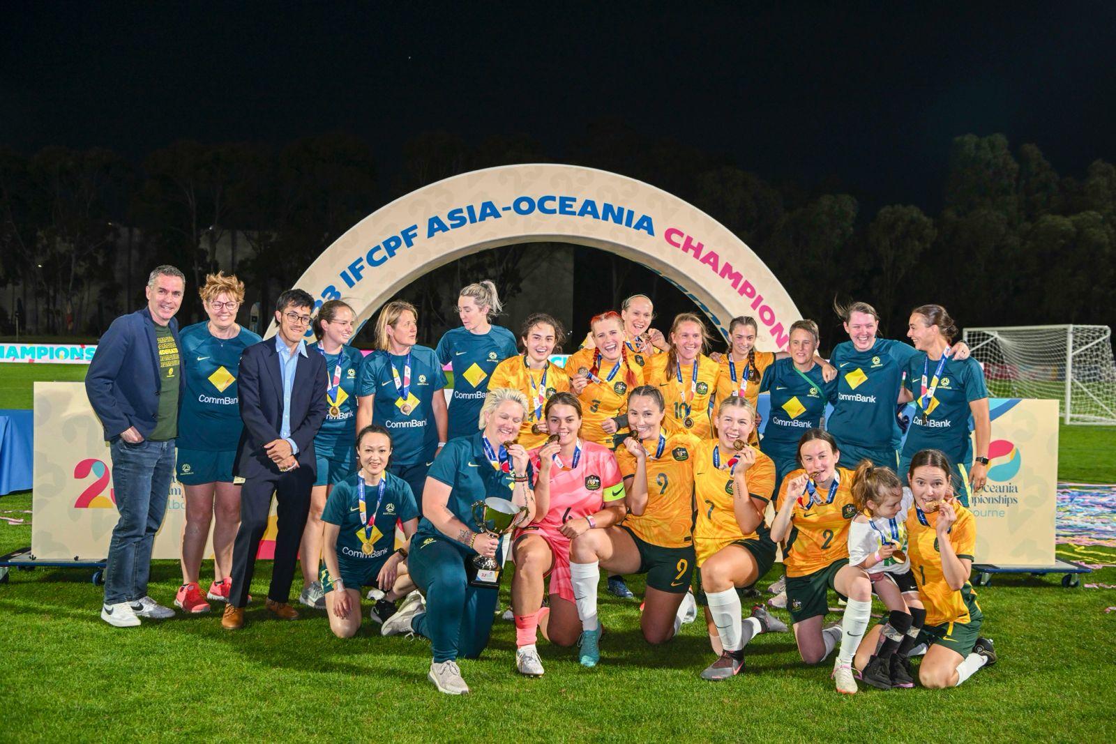CommBank ParaMatildas with their medals celebrate winning the IFCPF Asia Oceania Championships