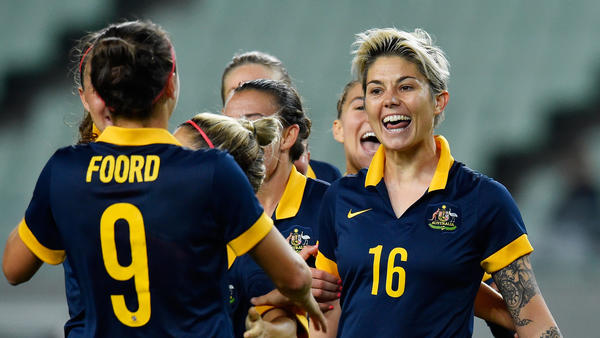 Michelle Heyman celebrating after scoring a goal for the Westfield Matildas