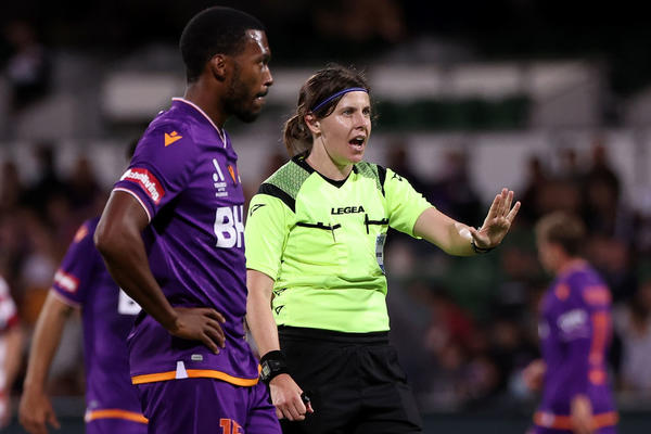 Referee Casey Reibelt in action during the A-League Mens match between Perth Glory and Western Sydney Wanderers at HBF Park, on April 30, 2022, in Perth, Australia. (Photo by Paul Kane/Getty Images)