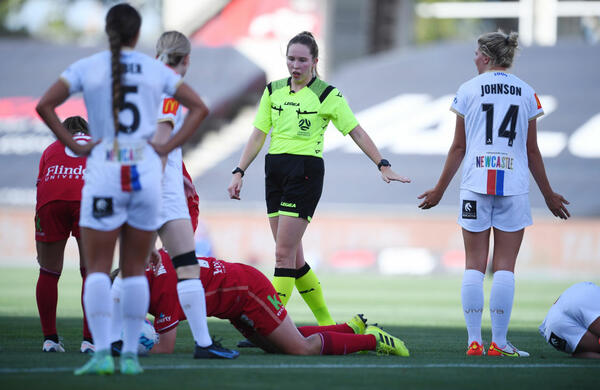 Referee Rebecca Mackie during the A-League Women's match between Adelaide United and Newcastle Jets at Coopers Stadium, on February 04, 2022, in Adelaide, Australia. (Photo by Mark Brake/Getty Images)