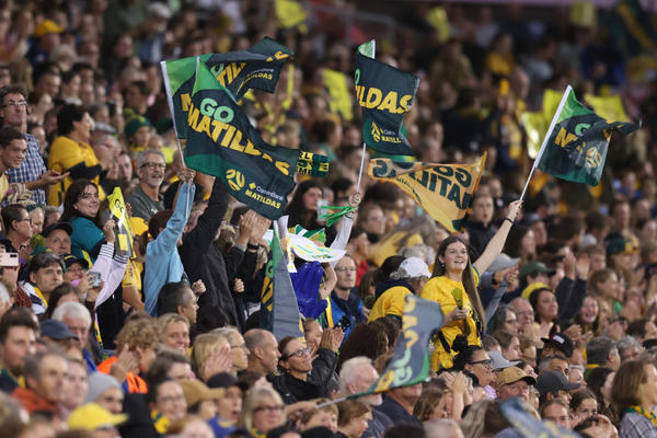 Matildas fans celebrates a goal during the Cup of Nations match between the Australia Matildas and Jamaica at McDonald Jones Stadium on February 22, 2023 in Newcastle, Australia. (Photo by Scott Gardiner/Getty Images)