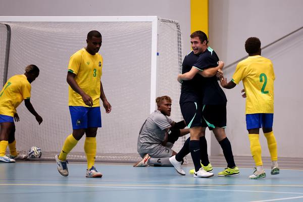 Ethan De Melo celebrates scoring against Solomon Islands Game One PacificAus Sports Futsal Series 2024. Photo: Damian Briggs