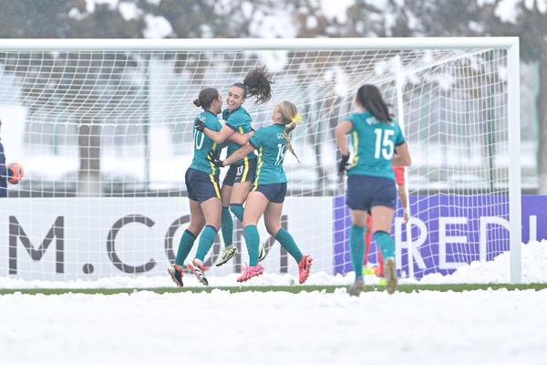 Young Matildas celebrate first goal against Korea Republic, AFC U20 Women's Asian Cup 2024. (ADAM AIDIL PADAL)I