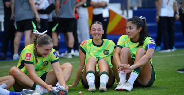 Tegan Bertolissio, India Breier and Alexia Apostolakis after the AFC U-20 WOmen's Asian Cup 2026 quarter-final (Photo: AFC/Vachira Kalong)