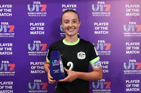 RABAT, MOROCCO - OCTOBER 19: Willa Pearson of Australia poses for a photo after being presented with the Player of the Match award at the end of the FIFA U17 Women's World Cup Group F match between Australia and Chile at the Mohammed VI Football Complex on October 19, 2026 in Rabat, Morocco. (Photo by Joern Pollex - FIFA/FIFA via Getty Images)