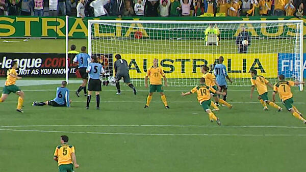 Mark Bresciano scores against Uruguay in FIFA World Cup 2006 play-off