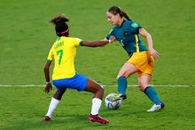 Jamilla Rankin of Australia fights for the ball with Luany of Brazil during the FIFA U-20 Women's World Cup Costa Rica 2022 group A match between Brazil and Australia at Alejandro Morera Soto on August 13, 2022 in Alajuela, Costa Rica. (Photo by Buda Mendes - FIFA/FIFA via Getty Images)