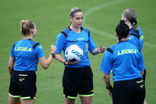 Referee Kelly Jones ahead of the A-League Women's match between Western Sydney Wanderers and Wellington Phoenix at Wanderers Park, on March 01, 2022, in Sydney, Australia. (Photo by Jason McCawley/Getty Images)