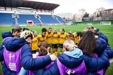 CommBank Young Matildas pre-match huddle before AFC U20 Women's Asian Cup v Japan, semi-final. Photo: HASAN PIRMUHAMEDOV/AFC